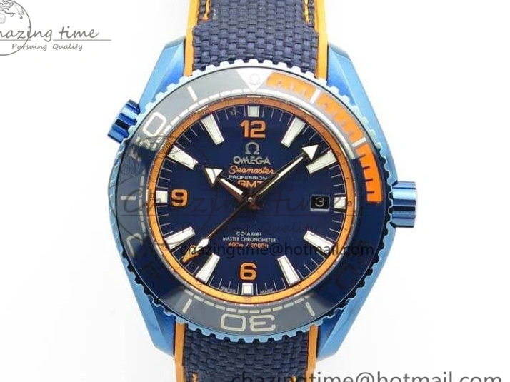 1219 Unique Planet Ocean 45mm GMT Blue DLC Black OMF Best Edition Blue Dial On Blue Gummy Strap A 8123